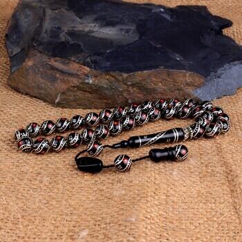  Erzurum Oltu Taşı Çift Çeşmi Bülbül Model Gümüş İşlemeli Tesbih - Osmanlı Pazar