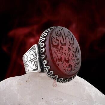 Eski Özel Hat Kazıma Salavati Şerif Yazılı Yemen Akik Taşı El Yazması 925 Ayar Gümüş Yüzük - Osmanlı Pazar