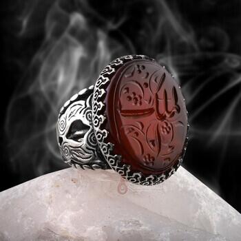 Eski Özel Hat Kazıma Yemen Akik Taşı El Melik Esması Yazılı 925 Ayar Gümüş Yüzük - Osmanlı Pazar