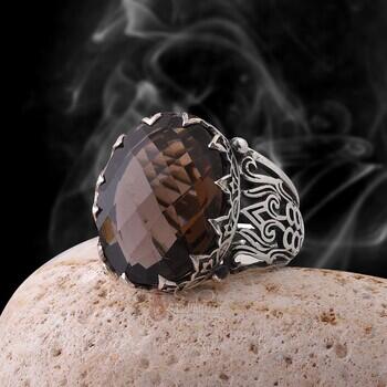 Fasetli Dumanlı Kuvars Taşı 925 Ayar Gümüş El İşçiliği Yüzük - Osmanlı Pazar