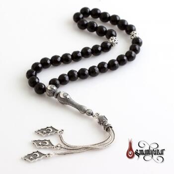 Fasetli Onix Doğal Taşlı Ayyıldız İmame ve Püsküllü Gümüş Tesbih - Osmanlı Pazar