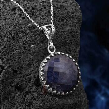 Fasetli Safir Doğal Taşı Yuvarlak Model 925 Ayar Gümüş Kolye - Osmanlı Pazar