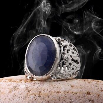 Fasetli Safir Doğal Taşlı El İşçiliği 925 Ayar Gümüş Geniş Kasa Yüzük - Osmanlı Pazar