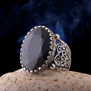 Fasetli Safir Taşı 925 Ayar Gümüş El İşi Erkek Yüzük - Osmanlı Pazar