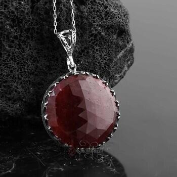 Fasetli Yakut Doğal Taşlı 925 Ayar Gümüş Tırnaklı Kolye - Osmanlı Pazar