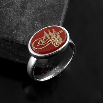 Fatih Sultan Mehmet Tuğralı El Kazıması Minimal Gümüş Yüzük - Osmanlı Pazar