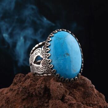 Firuze Doğal Taşlı 925 Ayar Gümüş El İşçiliği Yüzük - Osmanlı Pazar