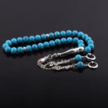 Firuze Doğal Taşlı Kişiye Özel İsim Yazılı Gümüş Püsküllü Tesbih - Osmanlı Pazar