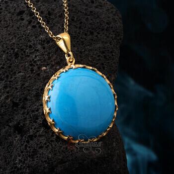 Firuze Taşı 14 Ayar Altın Kaplama Hilal Motifi Gümüş Kolye - Osmanlı Pazar