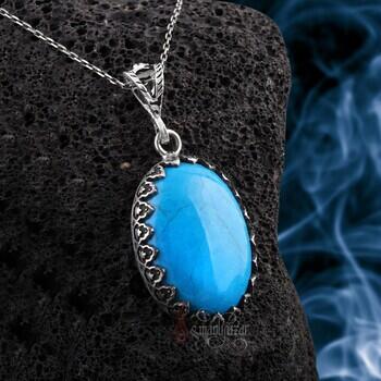 Firuze Taşı 925 Ayar Gümüş El İşçiliği Oval Kesim Kolye - Osmanlı Pazar