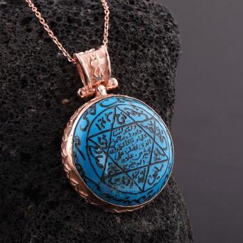 Firuze Taşlı Mührü Süleyman - Tamamı El Yazması Gümüş Kolye - Osmanlı Pazar
