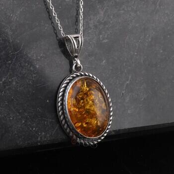 Fosilli Damla Kehribar Taşı 925 Ayar Gümüş Minimal Kolye - Osmanlı Pazar