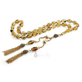 Fosilli Damla Kehribar Taşı Tesbih Altın Kaplama Püsküllü - Osmanlı Pazar