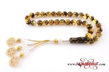 Fosilli Damla Kehribar Tesbih Büyük Boy 925 Ayar Gümüş Üçlü Kazaz Püskül - Osmanlı Pazar