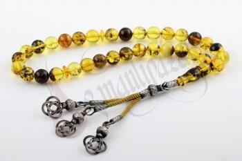 Fosilli Damla Kehribar Tesbih Büyük Boy 925 Ayar Gümüş Üçlü Kazaz Püskül - Osmanlı Pazar