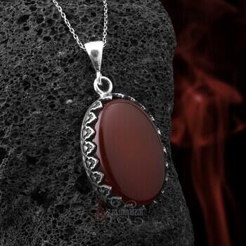 Gerçek Yemen Akik Doğal Taşı 925 Ayar Gümüş İşçilikli Kolye - Osmanlı Pazar