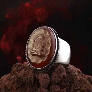 Gladyatör Çizimi El Kazıma Yemen Akik Taşı Yüzük - Osmanlı Pazar