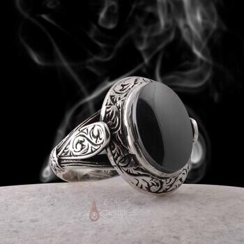 Hematit Taşı Erzurum Kalem İşi 925 Ayar Gümüş Yüzük - Osmanlı Pazar