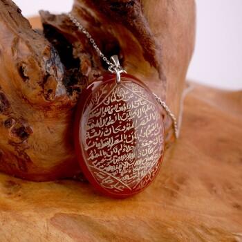 Hilye-i Şerif Arkası Mührü Süleyman Kırmızı Akik Taşlı Dualı Gümüş Kolye - Osmanlı Pazar