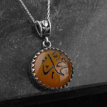 Hz.Muhammed Yazılı Sarı Akik Taşı 925 Ayar Gümüş Kolye - Osmanlı Pazar
