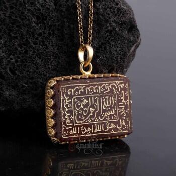 İhlas Süresi Yazılı Akik Taşlı Altın Kaplama Gümüş Kolye - Osmanlı Pazar