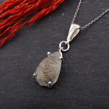 İhlas Suresi Yazılı Tamamı El Yazması Rutil Kuvars Doğal Taşlı Kolye - Osmanlı Pazar