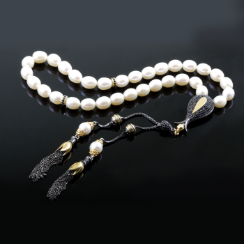 İnci Doğal Taşlı 925 Ayar Gümüş Lale Motifli Tesbih - Osmanlı Pazar