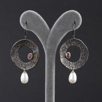 İnci ve Granat Doğal Taşlı 925 Ayar Gümüş Küpe - Osmanlı Pazar