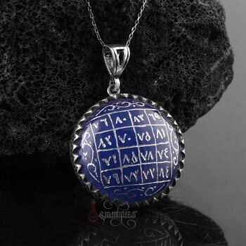 İsmi Celal Vefki El Yazılı Mavi Akik Taşı 925 Ayar Gümüş Kolye - Osmanlı Pazar