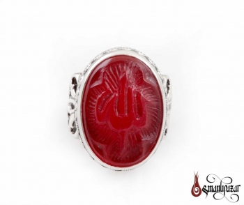 Kabartma Kırmızı Akik Taşlı ''ALLAH'' Yazılı 925 Ayar Gümüş Yüzük - Thumbnail