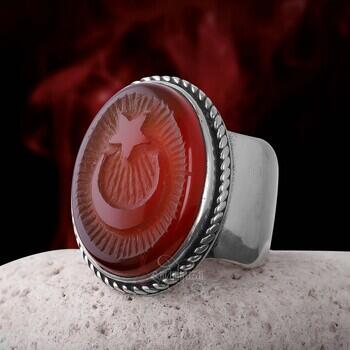 Kabartmalı Ay Yıldız Yemen Akik Taşı 925 Ayar Gümüş Yüzük - Osmanlı Pazar