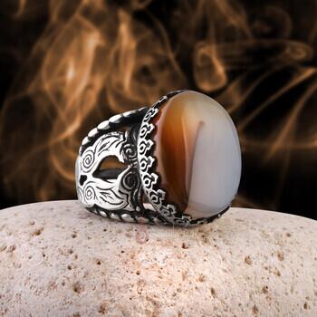 Kahverengi Hareli Yemen Akik Taşlı 925 Ayar Gümüş Desenli Yüzük - Osmanlı Pazar