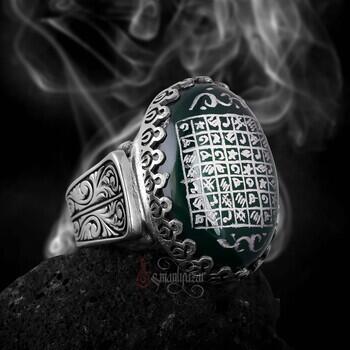 Kalem İşi Celcelutiye Yazılı Yeşil Akik Taşı Gümüş Yüzük - Osmanlı Pazar