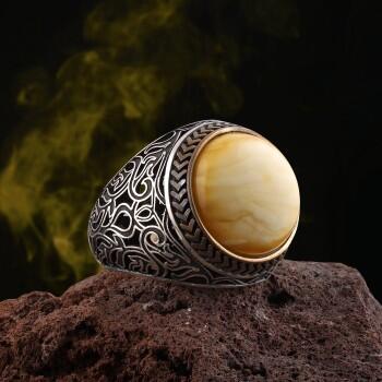 Kaliteli Damla Kehribar Taşlı Gümüş Yüzük El İşçiliği - Osmanlı Pazar