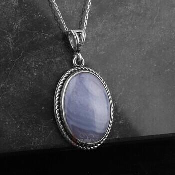 Kalsedon Taşı Kolye 925 Ayar Gümüş Burma İşçilikli - Osmanlı Pazar