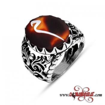 Kaplumbağa Kabuğu Üzerine Sedef Kakma Yüzük Mim Harfli - Osmanlı Pazar