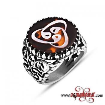 Kaplumbağa Kabuğu Üzerine Sedef Kakma Yüzük Üç Vav Harfi - Osmanlı Pazar