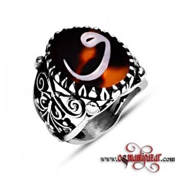 Kaplumbağa Kabuğu Üzerine Sedef Kakma Yüzük Vav - Osmanlı Pazar