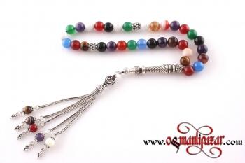 Karışık Doğal taş 8mm Tesbih 925 Gümüş Püskül - Osmanlı Pazar