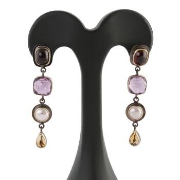 Karışık (Granat, Ametist, İnci, Sitrin) Doğal Taşlı 925 Ayar Gümüş Küpe - Osmanlı Pazar