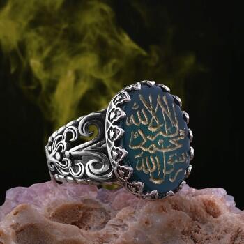 Kelime-i Tevhid Yazılı Yeşil Akik Taşlı 925 Ayar Gümüş El İşçiliği Yüzük - Osmanlı Pazar