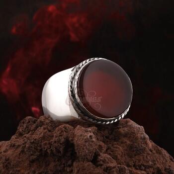 Kırmızı Akik Doğal Taşlı 925 Ayar Gümüş Sade Model Yüzük - Osmanlı Pazar