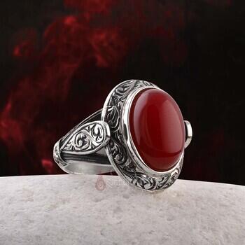 Kırmızı Akik Taşı Erzurum Usta Kalem İşçiliği 925 Ayar Gümüş Yüzük - Osmanlı Pazar