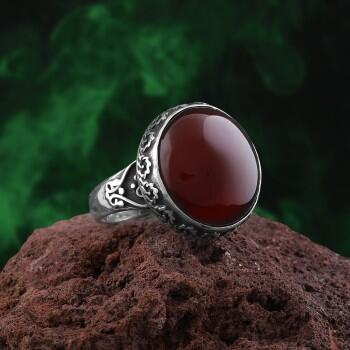 Kırmızı Akik Taşlı 925 Ayar Gümüş El İşçiliği Yüzük - Osmanlı Pazar