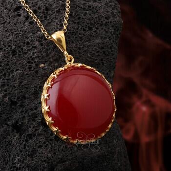 Kırmızı Akik Taşlı Yuvarlak Model 14 Ayar Altın Kaplama Gümüş Kolye - Osmanlı Pazar