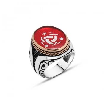 Kırmızı Mineli Teşkilat-ı Mahsusa Armalı Erkek Yüzük - Osmanlı Pazar