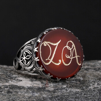 Kişiye Özel Harf Elde Oyma Hat Sanatı Akik Taşı Gümüş Yüzük - Osmanlı Pazar