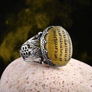 Kısmet Vefki Yazılı Damla Kehribar Taşı 925 Ayar Gümüş Yüzük - Osmanlı Pazar