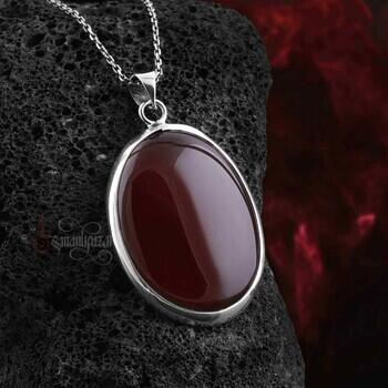 Kızıl Akik Doğal Taşlı 925 Ayar Gümüş El İşçiliği Oval Model Kolye - Osmanlı Pazar