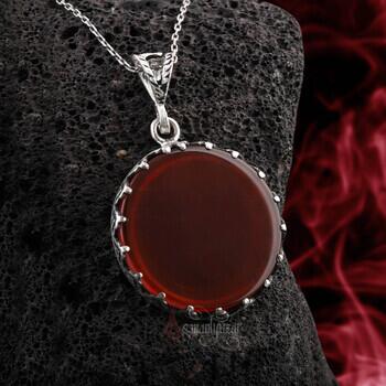 Kızıl Akik Taşı Yassı Yuvarlak Kesim 925 Ayar Gümüş Kolye - Osmanlı Pazar